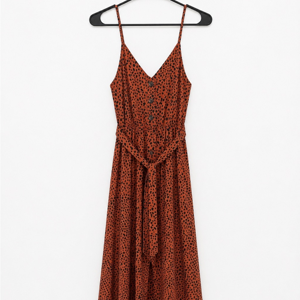 Spaghetti Strap Rust Brown Printed Midi Dress